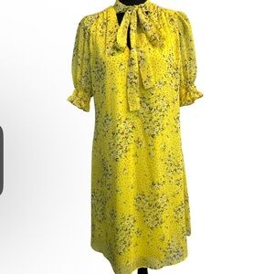 DKNY Yellow Floral Tie Neck Georgette Dress Size 8